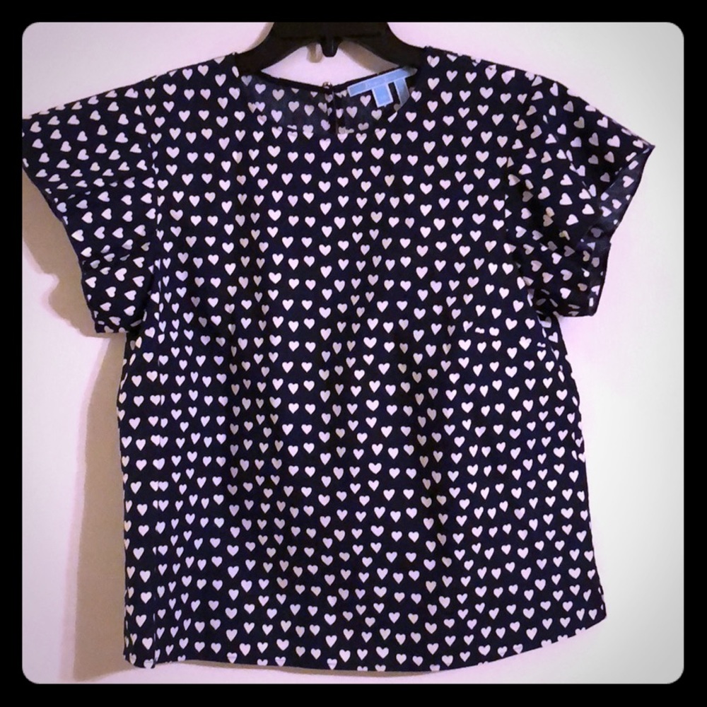 Navy and white heart print blouse